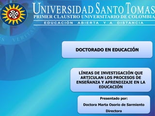 DOCTORADO EN EDUCACIÓN




 LÍNEAS DE INVESTIGACIÓN QUE
  ARTICULAN LOS PROCESOS DE
ENSEÑANZA Y APRENDIZAJE EN LA
          EDUCACIÓN

           Presentado por:
  Doctora Marta Osorio de Sarmiento
              Directora
 