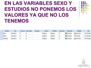 EN LAS VARIABLES SEXO Y
ESTUDIOS NO PONEMOS LOS
VALORES YA QUE NO LOS
TENEMOS
 