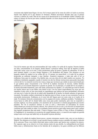 erosionan más rápido hasta llegar a la roca. En la mayor parte de las zonas de cultivo el suelo se erosiona
mucho más deprisa de lo que demora en formarse. Podrían necesitarse décadas para que el paisaje
volviera a cubrirse de verde. Otra de las causas de la desertización es el nombrado cambio climático que
reduce el número de lluvias por metro cuadrado dejando a la tierra desprovista de nutrientes y facilitando
este fenómeno.]




Uno de los tramos que más me entusiasmaban del viaje estaba a la vuelta de la esquina. Nuestro destino
era Jaén, concretamente el río Segura, donde íbamos a practicar rafting. Este tipo de deporte lo había
observado varias veces en la tele y tenía muchísimas ganas de poner a prueba mi adrenalina. El día se
pasó bastante rápido y en poco tiempo llegamos a los alrededores del Segura. Nos alojamos en una
pequeña cabaña de madera en las orillas del río. El paisaje era maravilloso y el ruido de los pájaros
propiciaba un ambiente tranquilo y muy familiar. Amaneció temprano, y nada más salir el sol ya
estábamos listos para la aventura. Una familia más, con una chica de mi edad vendría con nosotros. Ya
estábamos totalmente equipados cuando el monitor nos dio las últimas instrucciones para poder descender
a través del río. La emoción recorría mis venas y tengo que reconocer que estaba un poco aterrorizado por
lo que pudiese pasar. Exactamente a las 10.30 de la mañana iniciamos la travesía. Ambas familias
estábamos ya en la lancha dispuestos a pasarlo en grande. En un principio, el caudal del río era amplio y
la lancha descendía lentamente, pero más tarde comenzaron los rápidos y la velocidad que tomó la lancha
era mucho mayor que la que había visto desde la tele. Con los remos esquivábamos las rocas que nos
impedían el paso, pero en una zona donde no esperábamos que hubiese tan poca profundidad, chocamos
con una roca y Laura (la chica de mi edad) salió despedida de la lancha, los demás saltamos al agua para
rescatarla. Sus padres estaban conteniendo las lágrimas para no llorar, ya que en esos momentos Laura se
encontraba inconsciente. Estábamos en el curso alto del Segura pero era como estar en el medio de la
nada. No teníamos forma de comunicarnos con los equipos de rescate, estábamos perdidos. Trasladamos a
Laura hacia la orilla del río donde había unas rocas para poder reanimarla, pero ésta no respondió a
nuestras súplicas. Las horas pasaban y los monitores de la excursión se estarían preguntando por nuestro
paradero. Por fin al anochecer alzamos la vista al cielo y observamos un helicóptero de rescate
sobrevolando por encima de nuestras cabezas. Nos subieron de uno en uno y nos llevaron al hospital para
confirmar que todo estaba en orden. Los resultados fueron positivos para todos menos para Laura, aunque
ésta lograría recuperarse días más tarde. [ Tanto el Segura, como el Ebro, el Tajo, el Júcar, el Guadiana y
el Guadalquivir se encuentran en un proceso de sequía bastante grave y a causa de esta sequía mi querida
amiga Laura con la que aún hablo hoy en día perdió la pierna derecha].

Los días en la cabaña de madera fueron pocos y pronto retomamos nuestro viaje, esta vez con destino a
Madrid. Nos alojamos en un hotel, ya que nuestros huesos estaban un poco cansados del espacio reducido
de la caravana. Pocas veces había observado tantos coches juntos que hacían muy comunes los atascos.
Por supuesto aquí ya no observé ni el más mínimo rastro de una estrella. La sobrepoblación era brutal,
había casas y urbanizaciones hasta en los laterales de la autopista y los gases emitidos por las fábricas
 