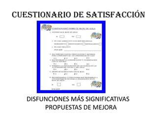 Cuestionario de satisfacción
DISFUNCIONES MÁS SIGNIFICATIVAS
PROPUESTAS DE MEJORA