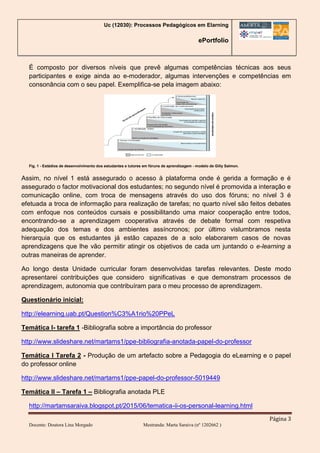 Uc (12030): Processos Pedagógicos em Elarning
ePortfolio
Página 3
Docente: Doutora Lina Morgado Mestranda: Marta Saraiva (nº 1202662 )
É composto por diversos níveis que prevê algumas competências técnicas aos seus
participantes e exige ainda ao e-moderador, algumas intervenções e competências em
consonância com o seu papel. Exemplifica-se pela imagem abaixo:
Fig. 1 - Estádios de desenvolvimento dos estudantes e tutores em fóruns de aprendizagem - modelo de Gilly Salmon.
Assim, no nível 1 está assegurado o acesso à plataforma onde é gerida a formação e é
assegurado o factor motivacional dos estudantes; no segundo nível é promovida a interação e
comunicação online, com troca de mensagens através do uso dos fóruns; no nível 3 é
efetuada a troca de informação para realização de tarefas; no quarto nível são feitos debates
com enfoque nos conteúdos cursais e possibilitando uma maior cooperação entre todos,
encontrando-se a aprendizagem cooperativa através de debate formal com respetiva
adequação dos temas e dos ambientes assíncronos; por último vislumbramos nesta
hierarquia que os estudantes já estão capazes de a solo elaborarem casos de novas
aprendizagens que lhe vão permitir atingir os objetivos de cada um juntando o e-learning a
outras maneiras de aprender.
Ao longo desta Unidade curricular foram desenvolvidas tarefas relevantes. Deste modo
apresentarei contribuições que considero significativas e que demonstram processos de
aprendizagem, autonomia que contribuíram para o meu processo de aprendizagem.
Questionário inicial:
http://elearning.uab.pt/Question%C3%A1rio%20PPeL
Temática I- tarefa 1 -Bibliografia sobre a importância do professor
http://www.slideshare.net/martams1/ppe-bibliografia-anotada-papel-do-professor
Temática I Tarefa 2 - Produção de um artefacto sobre a Pedagogia do eLearning e o papel
do professor online
http://www.slideshare.net/martams1/ppe-papel-do-professor-5019449
Temática II – Tarefa 1 – Bibliografia anotada PLE
http://martamsaraiva.blogspot.pt/2015/06/tematica-ii-os-personal-learning.html
 