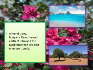 • Almond trees,
bougainvilleas, the red
earth of Ibiza and the
Mediterranean Sea also
emerge strongly.
 