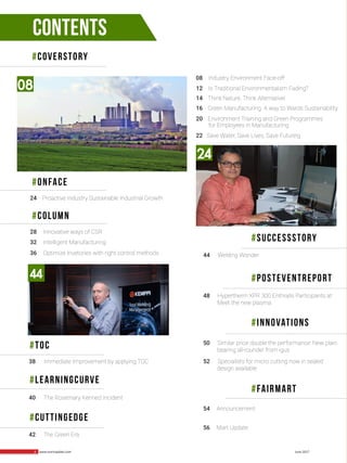 6 www.martupdate.com 6 June 2017
08
28 Innovative ways of CSR
24 Proactive Industry Sustainable Industrial Growth
32 Intelligent Manufacturing
50 Similar price double the performance: New plain
bearing all-rounder from igus
52 Specialists for micro cutting now in sealed 	
design available
38 Immediate Improvement by applying TOC
40 The Rosemary Kenned Incident
42 The Green Era
44 Welding Wonder36 Optimize Invetories with right control methods
12 Is Traditional Environmentalism Fading?
14 Think Nature, Think Alternative!
16 Green Manufacturing A way to Wards Sustainability
20 Environment Training and Green Programmes
for Employees in Manufacturing
22 Save Water, Save Lives, Save Future!g
08 Industry Environment Face-off
#INNOVATIONS
#COLUMN
#ONFACE
#TOC
#leArningcurve
#Cuttingedge
#SUCCESSSTORY
CONTENTS
44
#COVERSTORY
24
48 Hypertherm XPR 300 Enthralls Participants at
Meet the new plasma
#posteventreport
54 Announcement
56 Mart Update
#FAIRMART
 
