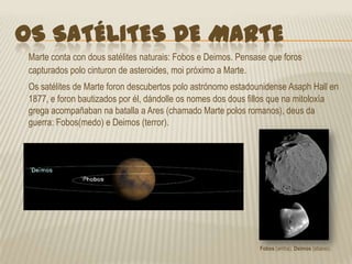 Na atmosfera haisó un cuarto de vapor de auga. Isto parece suficiente para permitir que a auga se conxelena superficie de Marte. Con tan poucacantidade de auga, raramente se observan nubes no ceo Marciano. A auga en marteDesde haimoito tempo falase de que en Marte puido haber ouhaiauga. Esto ben dado por “ríos” que se poden ver nasua superficie. Moitos científicos afirman que “moitas pistas suxiren que auga líquida fluíualgunha vez en Marte -levantando as expectativas acerca de se alí a vida puidoxurdir- pero as evidencias son aínda insuficientes e ás veces contraditorias.”