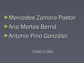 ►Mercedes Zamora Pastor
►Ana Mortes Berná
►Antonio Pino González
1ºBAC.A CMC

 