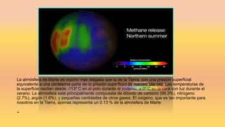 La atmósfera de Marte es mucho más delgada que la de la Tierra, con una presión superficial
equivalente a una centésima parte de la presión superficial de nuestro planeta. Las temperaturas de
la superficie oscilan desde -113º C en el polo durante el invierno, a 0º C en la cara con luz durante el
verano. La atmósfera está principalmente compuesta de dióxido de carbono (95.3%), nitrógeno
(2.7%), argón (1.6%), y pequeñas cantidades de otros gases. El oxígeno, que es tan importante para
nosotros en la Tierra, apenas representa un 0.13 % de la atmósfera de Marte
.