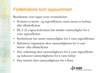 Flyttehistorie kort oppsummert
Resultatene viser ingen store overraskelser:
• Kvinner er intern- og regionflyttere, mens menn er bofaste
eller tilbakeflyttere
• De 2 (3) yngste kohortene har mindre sannsynlighet for å
være regionflyttere
• Storbyboere har større sannsynlighet for å være regionflyttere
• Skilsmisse/separasjon øker sannsynligheten for å være
intern- eller tilbakeflytter
• Høy utdanning øker sannsynligheten for å være regionflytter
og reduserer sannsynligheten for å være bofast
• Høy inntekt øker sannsynligheten for å flytte

 