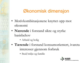 Økonomisk dimensjon
• Motivkombinasjonene knyttet opp mot
økonomi
• Nærende i forstand sikre og styrke
basisbehov
• Arbeid og bolig

• Tærende i forstand konsumorientert, ivareta
interesser gjennom forbruk
• Sted/miljø og familie

 