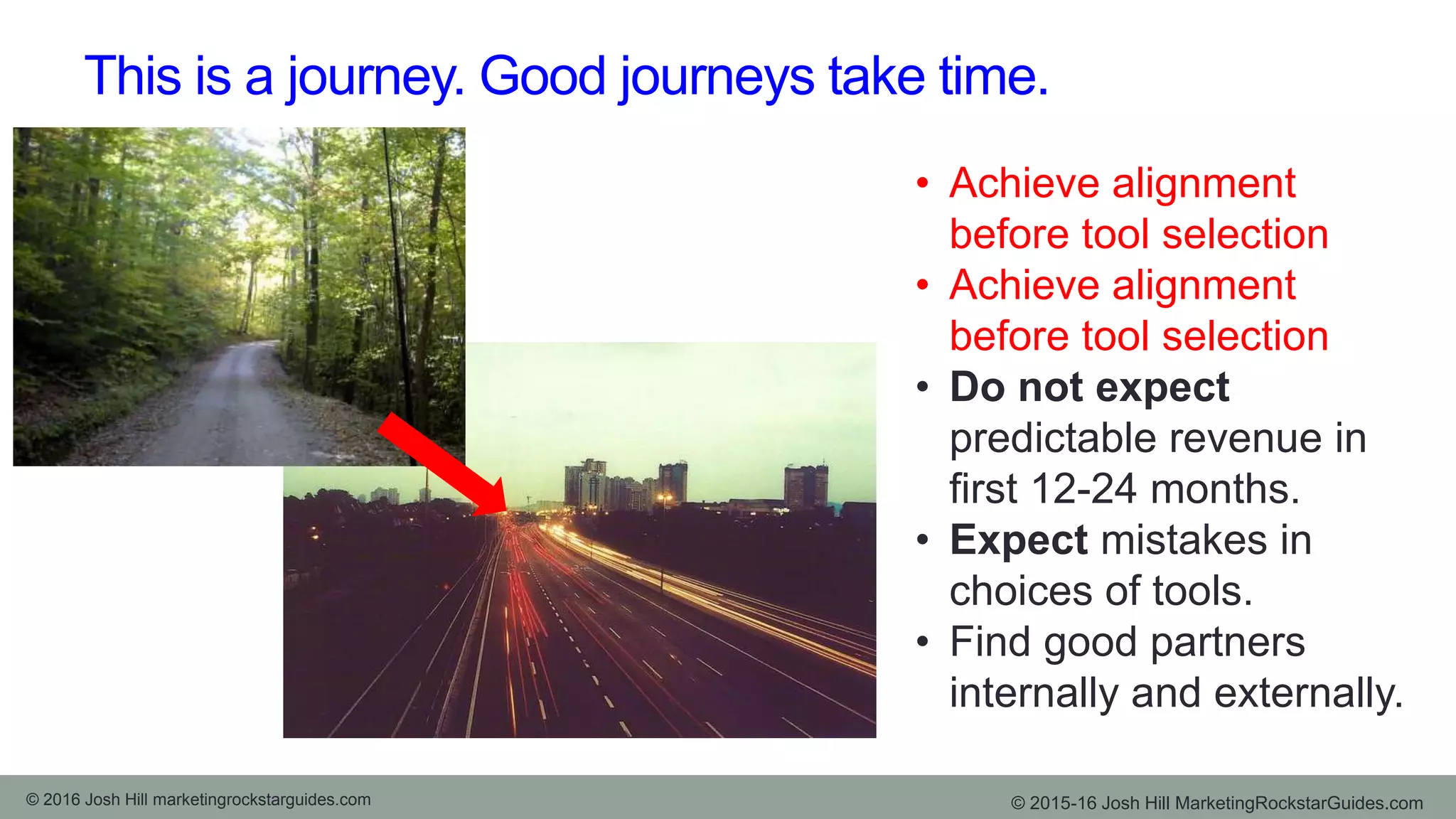This is a journey. Good journeys take time.
• Achieve alignment
before tool selection
• Achieve alignment
before tool selection
• Do not expect
predictable revenue in
first 12-24 months.
• Expect mistakes in
choices of tools.
• Find good partners
internally and externally.
© 2015-16 Josh Hill MarketingRockstarGuides.com© 2016 Josh Hill marketingrockstarguides.com
 