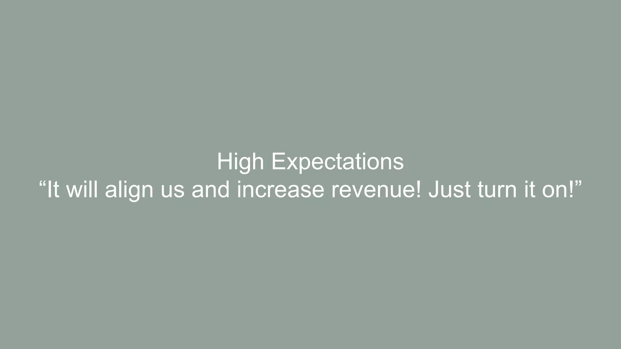 High Expectations
“It will align us and increase revenue! Just turn it on!”
 