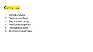 Contd…..
1. Market analysis
2. Company analysis
3. Requirement rating
4. Product development
5. Product marketing
6. Technology roadmaps.
 