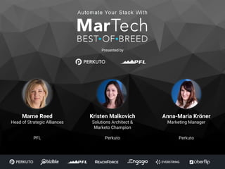 Presented byYour Lack of Creativity is Costing you Sales
Presented by
Marne Reed
Head of Strategic Alliances
PFL
Kristen Malkovich
Solutions Architect &
Marketo Champion
Perkuto
Anna-Maria Kröner
Marketing Manager
Perkuto
 