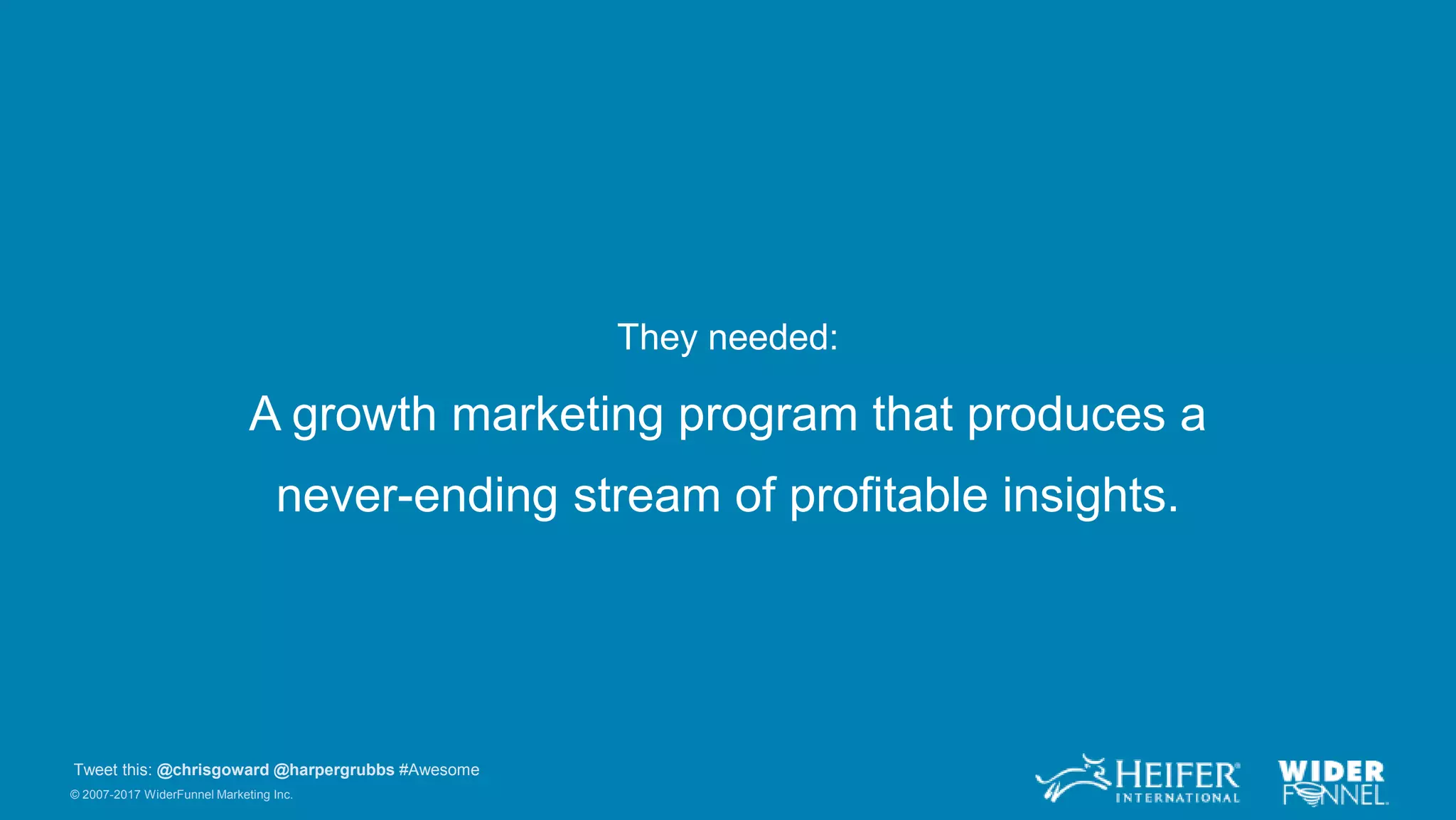 © 2007-2017 WiderFunnel Marketing Inc.
Tweet this: @chrisgoward @harpergrubbs #Awesome
They needed:
A growth marketing program that produces a
never-ending stream of profitable insights.
 