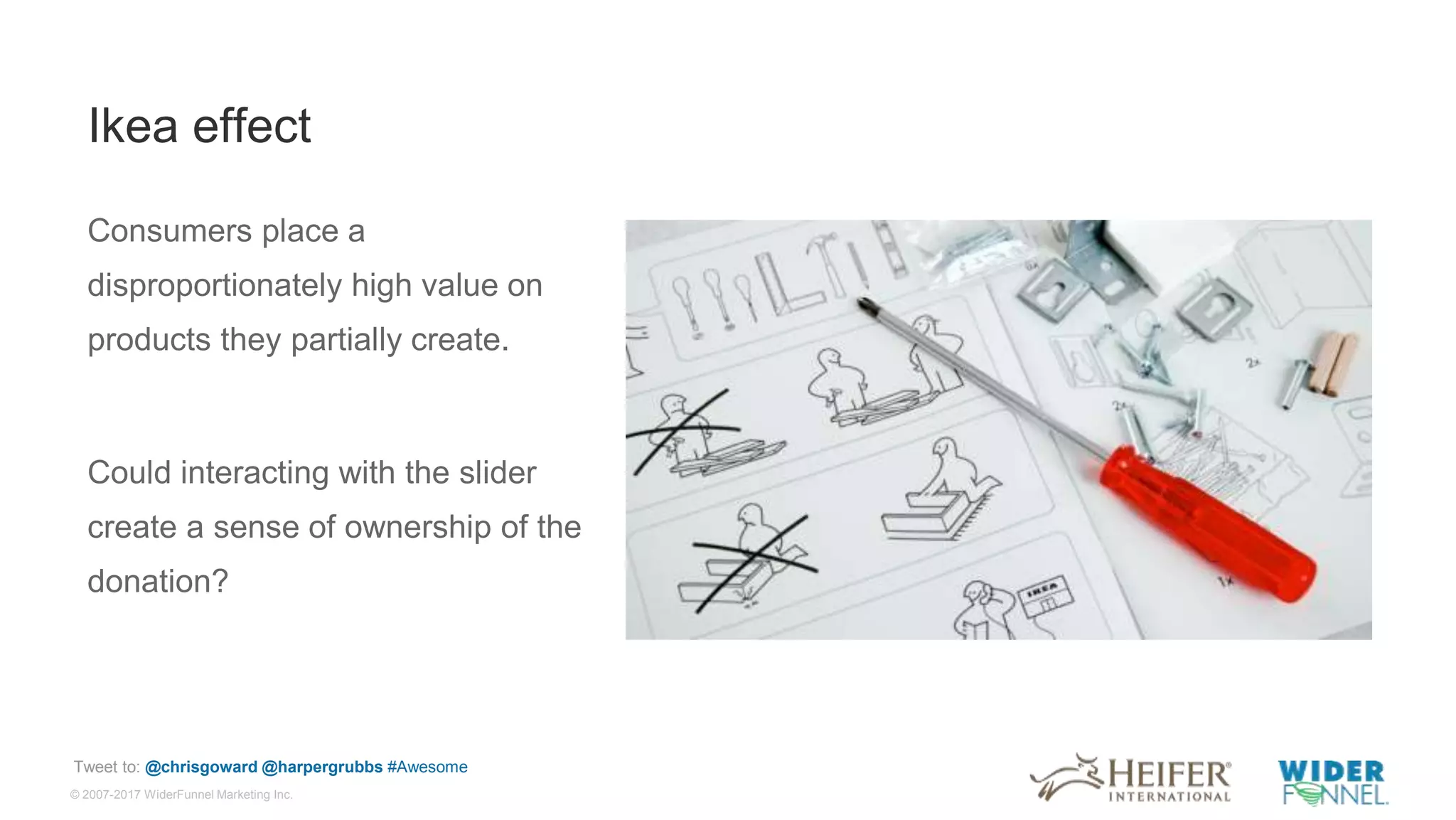 © 2007-2017 WiderFunnel Marketing Inc.
Tweet to: @chrisgoward @harpergrubbs #Awesome
Ikea effect
Consumers place a
disproportionately high value on
products they partially create.
Could interacting with the slider
create a sense of ownership of the
donation?
 