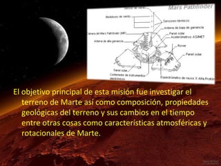 ff

El objetivo principal de esta misión fue investigar el
terreno de Marte así como composición, propiedades
geológicas del terreno y sus cambios en el tiempo
entre otras cosas como características atmosféricas y
rotacionales de Marte.

 