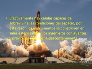 • Efectivamente hay células capaces de
sobrevivir a las condiciones del espacio, por
esta razón los instrumentos se construyen en
salas esterilizadas y los ingenieros con guantes
y previo paso de ducha descontaminante.

 