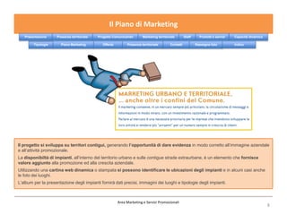 Il Piano di Marketing
   Presentazione     Presenza territoriale   Progetto Comunicando       Marketing territoriale        Staff     Prodotti e servizi   Capacità dinamica

        Tipologie      Piano Marketing         Offerta        Presenza territoriale        Contatti           Rassegna foto          Indice




Il progetto si sviluppa su territori contigui, generando l’opportunità di dare evidenza in modo corretto all’immagine aziendale
e all’attività promozionale.
La disponibiltà di impianti, all’interno del territorio urbano e sulle contigue strade extraurbane, è un elemento che fornisce
valore aggiunto alla promozione ed alla crescita aziendale.
Utilizzando una cartina web dinamica o stampata si possono identificare le ubicazioni degli impianti e in alcuni casi anche
le foto dei luoghi.
L’album per la presentazione degli impianti fornirà dati precisi, immagini dei luoghi e tipologie degli impianti.



                                                         Area Marketing e Servizi Promozionali
                                                                                                                                                         8
 