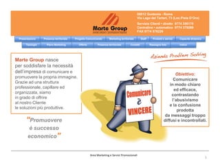 00012 Guidonia - Roma
                                                                                              Via Lago dei Tartari, 73 (Loc.Pista D’Oro)
                                                                                              Servizio Clienti • diretto 0774 356170
                                                                                              Centralino • automatico 0774 379289
                                                                                              FAX 0774 578226

 Presentazione    Presenza territoriale   Progetto Comunicando       Marketing territoriale        Staff     Prodotti e servizi   Capacità dinamica

      Tipologie     Piano Marketing         Offerta        Presenza territoriale        Contatti           Rassegna foto          Indice




Marte Group nasce
per soddisfare la necessità
dell’impresa di comunicare e                                                                                                 Obiettivo:
promuovere la propria immagine.
                                                                                                                            Comunicare
Grazie ad una struttura
                                                                                                                          in modo chiaro
professionale, capillare ed
                                                                                                                            ed efficace,
organizzata, siamo
                                                                                                                           contrastando
in grado di offrire
                                                                                                                           l’abusivismo
al nostro Cliente
                                                                                                                          e la confusione
le soluzioni più produttive.
                                                                                                                              prodotta
                                                                                                                       da messaggi troppo
      “Promuovere                                                                                                     diffusi e incontrollati.
        è successo
       economico”


                                                      Area Marketing e Servizi Promozionali
                                                                                                                                                      1
 