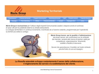 Marketing Territoriale

   Presentazione    Presenza territoriale   Progetto Comunicando       Marketing territoriale        Staff     Prodotti e servizi   Capacità dinamica

        Tipologie     Piano Marketing         Offerta        Presenza territoriale        Contatti           Rassegna foto          Indice



Marte Group è esclusivista per l’utilizzo degli impianti Comunicando Leader e dispone anche di centinaia
di spazi utili per la pubblicità esterna su strade extraurbane.
Lo sviluppo territoriale è in continuo incremento, incentivato da un’azione costante, programmata per l’operatività
su territori più estesi e contigui.

                                                                          Marte Group lavora per la qualità e l’ottimizzazione
                                                                            dei propri servizi, per confrontarsi con le richieste
                                                                           del mercato, sempre alla ricerca di partner validi per
                                                                                competenza, organizzazione, dinamicità,
                                                                                       duttilità e facilità di intervento.

                                                                           Servizi che garantiscono il risultato nel modo richiesto
                                                                                     perché frutto di cura ed impegno.




              La filosofia aziendale sviluppa costantemente il senso della collaborazione,
                        il miglioramento dei servizi e la soddisfazione del cliente.

                                                        Area Marketing e Servizi Promozionali
                                                                                                                                                        3
 
