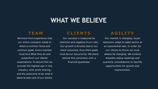 T E A M
We know from experience that
our entire company needs to
share a common focus and
common goals. Every member
must love What they do and
outperform our clients'
expectations. To ensure this we
provide the highest pay in the
industry, with profit sharing,
and the autonomy to do what it
takes to take care of our clients.
C L I E N T S
Our success is measured by
retention and negative churn rate.
Our growth is directly tied to our
client outcomes, thus client goals
must be our top priority. We stand
behind this conviction with a
financial guarantee.
WHAT WE BELIEVE
A G I L I T Y
Our market is changing; buyer
behaviors adapt to sales tactics at
an exponential rate. In order for
our clients to thrive we must
always be changing. We conduct
biweekly status meetings and
quarterly consultations to identify
opportunities for growth and
improvement.
 
