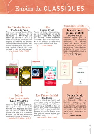 11
Classiques inédits !
Envies de CLASSIQUES
La Cité des Dames
Christine de Pizan
Trop méconnu jusqu’à aujourd’hui,
cet immense classique de la
littérature du Moyen-Âge est
réédité par Le Livre de Poche. Il y
est question d’une cité imprenable
capable de défendre les femmes
des violences qui les menacent – et
surtout du féminisme avant même
que celui-ci n’existe. Un texte
proposé en français contemporain.
 
> Le Livre de Poche - 7,90 €
Les Fleurs du Mal
Baudelaire
« 
Dans ce livre atroce, j’ai mis tout
mon cœur, toute ma tendresse,
toute ma religion, toute ma haine. »
Les Fleurs du Mal éditées dans un
nouvel écrin, voilà un merveilleux
prétexte pour se plonger dans ces
poèmes au parfum éternel. Avec
une préface inédite signée par
François Cheng.
 
> Le Livre de Poche - 4,90 €
Les soixante-
quinze feuillets
Marcel Proust
Disparus depuis plus de
cinquante ans, longtemps
recherchés, ces feuillets
inédits de Proust étaient
précieusement endormis dans
les tiroirs de l’éditeur Bernard
de Fallois. Ils nous font voir
les prémices de l’écriture de La
Recherche. Exceptionnel.
 
> Gallimard - 21 €
Nœuds de vie
Julien Gracq
Ces fragments inédits de
l’écrivain angevin nous
ramènent vers les lumières des
rivages ligériens. Une apaisante
mélancolie se diffuse alors dans
nos esprits à la lecture de ces
nœuds de vie… Une écriture à la
beauté rare.
 
> José Corti - 18 €
Lettres
à un jeune poète
Rainer Maria Rilke
Lu par Barbara
Voici dix lettres de toute beauté,
écrites par l’auteur à un jeune
homme épris de poésie. Et quelle
voix ne pourrait mieux lire ces
paroles que celle de la chanteuse
Barbara ? Une très belle manière de
savourer ce manuel de vie créatrice.
 
> Audiolib - 1 CD audio - 14,90 €
1984
George Orwell
Tout le monde connaît ce classique
de la science-fiction et de la
dystopie : 1984, titre magistral
qui résonne encore fortement
aujourd’hui. Mais tout le monde l’a-
t-il lu ? À découvrir ou redécouvrir
absolument, pour rester éclairé.
 
> Folio - 8,60 €
 