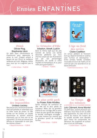 16
Envies ENFANTINES
Zhinü
Olivier Pog,
Staphanie Léon
Un petit bijou d’illustrations et
d’aventures pour apprendre à
aimer la nuit. Chaque enfant a
besoin de son Zhinü, la meilleure
veilleuse qu’il soit. Magique, même
pour ceux qui ne craignent pas la
nuit !
 
> Little Urban - 14,50 €
Le plus petit yack
Lu Fraser, Kate Hindley
Gertie manque de confiance en
elle 
: elle est la plus petite du
troupeau 
! Mais, par sa grandeur
d’âme et son courage, elle va venir
à bout du plus grand des dangers :
la terrible montagne enneigée !
Une jolie histoire qui montre que
la grandeur prend de multiples
formes.
 
> Little Urban - 13,90 €
L’âge au fond
des verres
Claire Castillon
Un roman pétillant et finement
écrit qui dépeint l’entrée en sixième
avec humour et clairvoyance !
Entre amitiés, famille, comédies
musicales et cours de maths, on ne
s’ennuie pas une seconde et on se
laisse émouvoir.
 
> Gallimard Jeunesse - 12 €
La Liste
des impossibles
Lindsay Lackey
Red, douze ans, recherche la famille
d’accueil parfaite en attendant que
sa mère sorte de prison. Et elle
tombe sur les Groove, un couple
excentrique et aimant entouré
d’animaux, qui lui fera voir la vie
autrement. Un livre qui prouve que
difficile et impossible ne sont pas
les mêmes choses !
 
> Bayard Jeunesse - 13,90 €
Le Temps
des mitaines
LE MYSTÈRE DE LA CHAMBRE MORNE
Loïc Clément, Anne Montel
Ce petit bijou, autant physique que
littéraire, nous force à voir au-delà
des apparences. Au cœur de la vie
intime de chacun, les travers de
la société actuelle sont dévoilés
pour mieux les comprendre, les
dénoncer, les supporter et surtout
pour s’unir et s’entraider.
 
> Little Urban - 12,90 €
Le Grimoire d’Elfie
Arleston, Alwett, Ludvin
Dans le même style que les jolis
Carnets de Cerise, une bande
dessinée pétillante qui nous
charme autant par ses illustrations
que par ses personnages
attachants. On oscille ici entre
mystère et fantastique, et ce, pour
notre plus grand plaisir !
 
> Drakoo - 15,90 €
T1
 