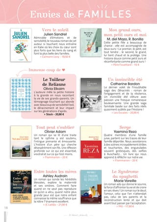 18
Envies de FAMILLES
Vers le soleil
Julien Sandrel
Admirable d’émotions et de
sensibilité, le nouveau roman de cet
auteur si touchant nous entraîne
en Italie où les choix du cœur sont
plus forts que les liens du sang et
font la plus belle des familles.
 
> Calmann Levy - 18,50 €
Un invincible été
Catherine Bardon
Le dernier volet de l’inoubliable
saga des Déracinés : roman de
l’engagement et de la résilience,
Un invincible été clôture avec
passion une fresque romanesque
bouleversante. Une grande saga
familiale basée sur des faits réels
quasiment oubliés par l’Histoire !
 
> Les Escales - 20,90 €
Tout peut s’oublier
Olivier Adam
Un roman qui se lit d’une traite
tant le rythme y est soutenu,
l’intrigue prenante et émouvante.
L’histoire d’un père qui cherche
désespérément son fils. Une réflexion
profonde sur ce qui est essentiel,
viscéral et sur ce qui l’est moins.
 
> Flammarion - 20 €
Entre toutes les mères
Ashley Audrain
Un roman qui sonde les hérédités
blessées, explore la maternité
et ses ombres. Comment faire
quand on ne veut pas reproduire
ce qu’on a vécu, quand notre plus
grande peur est que notre enfant
connaisse la même souffrance que
la nôtre ? Vraiment excellent.
 
> JC Lattès - 21,90 €
Mon grand ours,
mon petit ours et moi
M. del Mazo, R. Bonilla
Cette petite fille a beaucoup de
chance : elle est accompagnée de
deux ours ! Le premier, le petit, est
tout tendre ; le second, le grand,
lui tient chaud et la protège. Une
histoire douce comme petit ours et
réconfortante comme grand ours !
 
> Père Fouettard - 16 €
Serge
Yasmina Reza
Quatre membres d’une famille
juive, partent sur les traces de leur
famille déportée. Nous assisterons
à des scènes incroyablement drôles
et touchantes, des engueulades
souvent grotesques, des selfies
à Auschwitz… Un livre qui nous
apprend à réfléchir sur notre vie.
 
> Flammarion - 20 €
Le Syndrome
du spaghetti
Marie Vareille
Un roman ado qui donne le sourire,
la force d’affronter la vie et de croire
en ses rêves ! Un roman sur le deuil,
l’amour, celui que l’on n’attendait
pas, celui de ses parents et la
reconstruction lente et qui doit
avant tout passer par l’acceptation.
 
> PKJ - 17,90 €
Le Tailleur
de Relizane
Olivia Elkaim
L’auteure mêle la petite histoire
à la grande en nous racontant
la vie de ses grands-parents. Un
témoignage touchant qui aborde
avec beaucoup de sensibilité l’exil,
le déracinement et leur impact
sur les générations d’après.
 
> Stock - 20,90 €
Immense coup de
 
