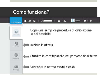 Come funziona?
Dopo una semplice procedura di calibrazione
è poi possibile:
Iniziare le attività
Stabilire le caratteristiche del percorso riabilitativo
Verificare le attività svolte a casa
 