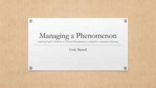 Managing a Phenomenon
Applying Fayol’s 5 elements of Classical Management to competitive tournament structures
Cody Martell
 