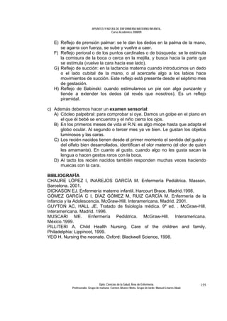 APUNTES Y NOTAS DE ENFERMERÍA MATERNO INFANTIL.
                                        Curso Académico 2008/09.


   E) Reflejo de prensión palmar: se le dan los dedos en la palma de la mano,
      se agarra con fuerza, se sube y vuelve a caer.
   F) Reflejo perioral o de los puntos cardinales o de búsqueda: se le estimula
      la comisura de la boca o cerca en la mejilla, y busca hacia la parte que
      se estimula (vuelve la cara hacia ese lado).
   G) Reflejo de succión: en la lactancia materna cuando introducimos un dedo
      o el lado cubital de la mano, o al acercarle algo a los labios hace
      movimientos de succión. Este reflejo está presente desde el séptimo mes
      de gestación.
   H) Reflejo de Babinski: cuando estimulamos un pie con algo punzante y
      tiende a extender los dedos (al revés que nosotros). Es un reflejo
      piramidal.

c) Además debemos hacer un examen sensorial:
   A) Cócleo palpebral: para comprobar si oye. Damos un golpe en el plano en
      el que él bebé se encuentra y el niño cierra los ojos.
   B) En los primeros meses de vida el R.N. es algo miope hasta que adapta el
      globo ocular. Al segundo o tercer mes ya ve bien. Le gustan los objetos
      luminosos y las caras.
   C) Los recién nacidos tienen desde el primer momento el sentido del gusto y
      del olfato bien desarrollados, identifican el olor materno (el olor de quien
      les amamanta). En cuanto al gusto, cuando algo no les gusta sacan la
      lengua o hacen gestos raros con la boca.
   D) Al tacto los recién nacidos también responden muchas veces haciendo
      muecas con la cara.

BIBLIOGRAFÍA
CHAURE LÓPEZ I, INAREJOS GARCÍA M. Enfermería Pediátrica. Masson.
Barcelona. 2001.
DICKASON EJ. Enfermería materno infantil. Harcourt Brace. Madrid.1998.
GÓMEZ GARCÍA C I, DÍAZ GÓMEZ M, RUIZ GARCÍA M. Enfermería de la
Infancia y la Adolescencia. McGraw-Hill. Interamericana. Madrid. 2001.
GUYTON AC, HALL JE. Tratado de fisiología médica. 9º ed. . McGraw-Hill.
Interamericana. Madrid. 1996.
MUSCARI ME. Enfermería Pediátrica. McGraw-Hill. Interamericana.
México.1999.
PILLITERI A. Child Health Nursing. Care of the children and family.
Philadelphia: Lippincot, 1999.
YEO H. Nursing the neonate. Oxford: Blackwell Science, 1998.




                                 Dpto. Ciencias de la Salud. Área de Enfermería.                       155
            Profesorado: Grupo de mañana: Carmen Álvarez Nieto. Grupo de tarde: Manuel Linares Abad.
 