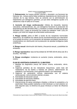 APUNTES Y NOTAS DE ENFERMERÍA MATERNO INFANTIL.
                                                Curso Académico 2008/09.
1. Osteoporosis; los huesos pierden volumen y densidad y se favorecen las
fracturas, etc., incluso podría haber problemas respiratorios por disminución de
volumen de la caja torácica. Esto se solventa con la administración de
tratamientos con estrógenos (parches), ya que estos estrógenos ayudan a la
calcitonina a fijar el calcio en el hueso.

2. Aumento del riesgo cardiovascular: infartos de miocardio, lesiones
vasculares, arterioesclerosis, etc. Los estrógenos favorecen la producción de
lipoproteínas de alta densidad (HDL) y mantiene a niveles normales las de baja
densidad (LDL). Luego se aumentan los niveles de colesterol “malo” (LDL) en
sangre y por tanto los riesgos de enfermedad cardiovascular.

3. Riesgo mental; sobre el SNC a través de los receptores hormonales
específicos. Se modifican los valores de los neurotransmisores que intervienen
en el estado de ánimo y en la sensación de bienestar psicológico (serotonina y
noradrenalina) con disminución de la producción de opioides endógenos (beta
endorfinas).

4. Riesgo sexual: disminución del interés y frecuencia sexual, y posibilidad de
embarazo.

5. Riesgo reproductivo: tasa de fecundidad de 34/1000 (40-45 años) (de 30 a
35 años, 143/1000).

6. Riesgo oncológico: incidencia en aumento (mama, endometrio, cérvix,
ovario).

PLAN DE ASISTENCIA DURANTE EL CLIMATERIO
1. Medidas de diagnóstico precoz del cáncer (mama, endometrio, cérvix,
   ovario).
2. Vigilancia periódica de los indicadores bioquímicos, sobre todo del
   metabolismo de los lípidos e hidratos de carbono; determinación de
   colesterol y sus fracciones y de la glicemia basal o con sobrecarga.
3. Vigilancia de parámetros clínicos relacionados con el sistema
   cardiovascular, como la tensión arterial y el peso.
4. Actividades de educación sexual.
5. Actividades de educación dietética.
6. Actividades de ejercicio físico.
7. Intervenciones de apoyo psicológico dirigidas a reforzar la autoestima y la
   asertividad. Éstas pueden realizarse a nivel individual o a nivel colectivo; en
   este segundo caso, la dinámica de grupo introduce un factor de influencia
   positiva.


                                                                                                                              17
                                                  Departamento de Enfermería.
Profesorado teoría: Grupo de mañana: Francisco Javier Ruíz Peregrina y Carmen Álvarez Nieto. Grupo de tarde: Manuel Linares Abad.
 