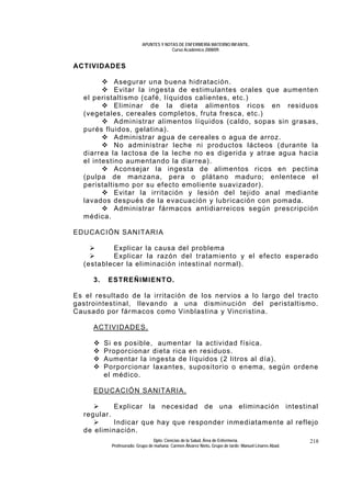 APUNTES Y NOTAS DE ENFERMERÍA MATERNO INFANTIL.
                                         Curso Académico 2008/09.


ACTIVIDADES

            Asegurar una buena hidratación.
            Evitar la ingesta de estimulantes orales que aumenten
  el peristaltismo (café, líquidos calientes, etc.)
            Eliminar de la dieta alimentos ricos en residuos
  (vegetales, cereales completos, fruta fresca, etc.)
            Administrar alimentos líquidos (caldo, sopas sin grasas,
  purés fluidos, gelatina).
            Administrar agua de cereales o agua de arroz.
            No administrar leche ni productos lácteos (durante la
  diarrea la lactosa de la leche no es digerida y atrae agua hacia
  el intestino aumentando la diarrea).
            Aconsejar la ingesta de alimentos ricos en pectina
  (pulpa de manzana, pera o plátano maduro; enlentece el
  peristaltismo por su efecto emoliente suavizador).
            Evitar la irritación y lesión del tejido anal mediante
  lavados después de la evacuación y lubricación con pomada.
            Administrar fármacos antidiarreicos según prescripción
  médica.

EDUCACIÓN SANITARIA

          Explicar la causa del problema
          Explicar la razón del tratamiento y el efecto esperado
  (establecer la eliminación intestinal normal).

     3.    ESTREÑIMIENTO.

Es el resultado de la irritación de los nervios a lo largo del tracto
gastrointestinal, llevando a una disminución del peristaltismo.
Causado por fármacos como Vinblastina y Vincristina.

     ACTIVIDADES.

          Si es posible, aumentar la actividad física.
          Proporcionar dieta rica en residuos.
          Aumentar la ingesta de líquidos (2 litros al día).
          Porporcionar laxantes, supositorio o enema, según ordene
          el médico.

     EDUCACIÓN SANITARIA.

              Explicar la necesidad de una eliminación intestinal
  regular.
          Indicar que hay que responder inmediatamente al reflejo
  de eliminación.
                                  Dpto. Ciencias de la Salud. Área de Enfermería.                       218
             Profesorado: Grupo de mañana: Carmen Álvarez Nieto. Grupo de tarde: Manuel Linares Abad.
 