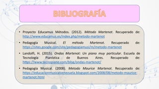 • Proyecto Educamus Métodos. (2012). Método Martenot. Recuperado de:
http://www.educamus.es/index.php/metodo-martenot
.
• Pedagogía Musical. El método Martenot. Recuperado de:
https://sites.google.com/site/pedagogiamusi/m/metodo-martenot
.
• Landolfi, H. (2015). Ondas Martenot: Un piano muy particular. Escuela de
Tecnología Pianística de Buenos Aires. Recuperado de:
https://www.tecnopiano.com/blog/ondas-martenot/
.
• Pedagogía Musical. (2008). Metodo Maurice Martenot. Recuperado de:
https://educacionmusicalvenezuela.blogspot.com/2008/08/metodo-maurice-
martenot.html
 