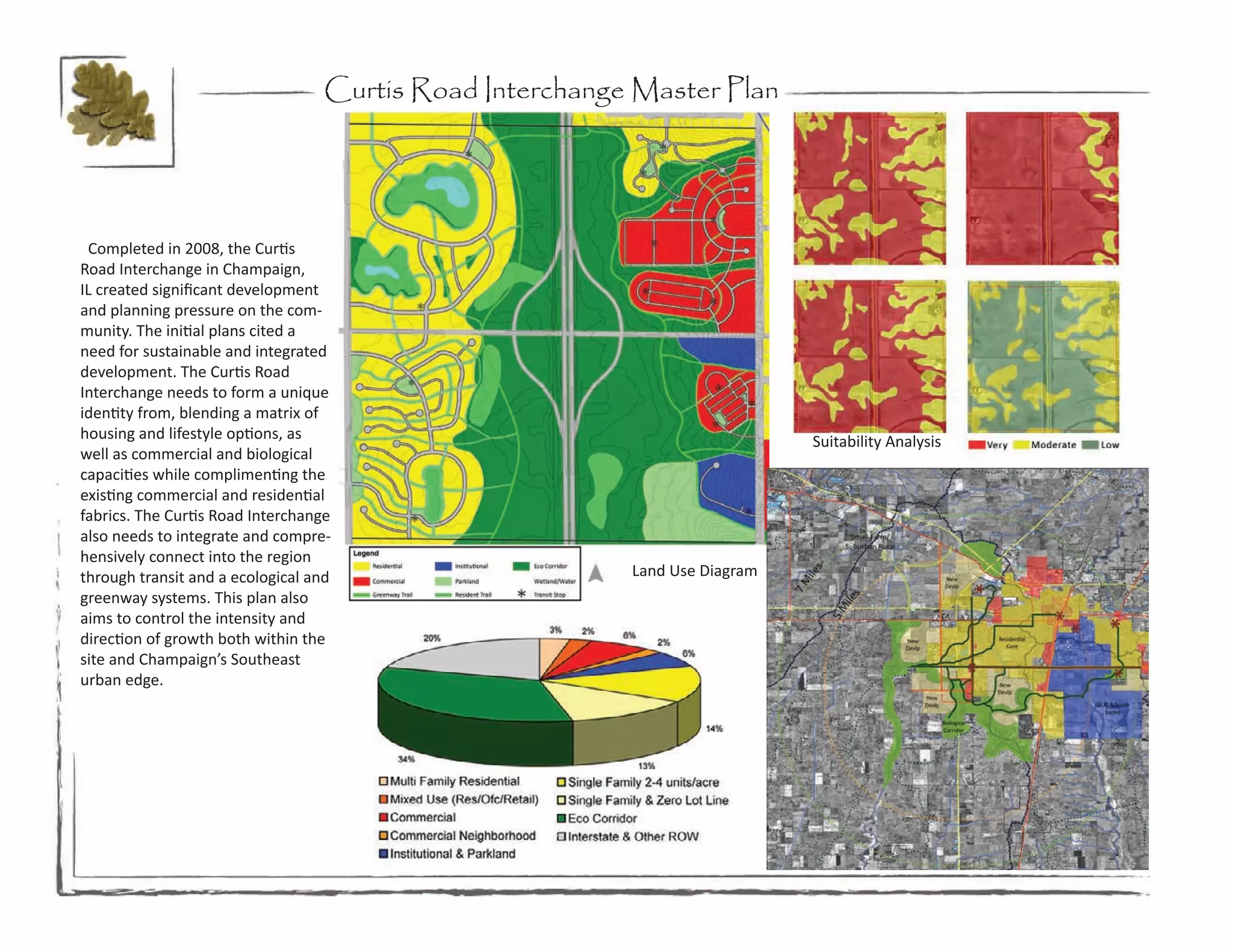 Curtis Road Interchange Master Plan




 Completed in 2008, the Curtis
Road Interchange in Champaign,
IL created significant development
and planning pressure on the com-
munity. The initial plans cited a
need for sustainable and integrated
development. The Curtis Road
Interchange needs to form a unique
identity from, blending a matrix of
housing and lifestyle options, as                                              Suitability Analysis
well as commercial and biological
capacities while complimenting the
existing commercial and residential
fabrics. The Curtis Road Interchange
also needs to integrate and compre-
hensively connect into the region
through transit and a ecological and                     Land Use Diagram
greenway systems. This plan also
aims to control the intensity and
direction of growth both within the
site and Champaign’s Southeast
urban edge.




                                                                            Regional Plan
 