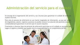 Administración del servicio para el cuidado
Se encarga de la organización del servicio y sus recursos para garantizar el cuidado de todos los
sujetos inscritos.
Para esto el proceso de enfermería es una fuente inagotable de información, ya que por medio
de diagnósticos, planes, registros sucesivos es posible conocer la evolución del paciente,reconcer
complejidad para garantizar el servicio que el usuario requiere.
Finalmente si diversos tipos de personal de enfermería participan en el cuidado es necesario que
hagan el registro y también que quede claro la responsabilidad en el cumplimiento de PAE.
 