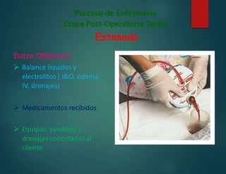 Proceso de Enfermería
Etapa Post-Operatoria Tardía
Estimado
Datos Objetivos:
 Balance líquidos y
electrolitos ( I&O, edema,
IV, drenajes)
 Medicamentos recibidos
 Equipos, vendajes y
drenajes conectados al
cliente
 