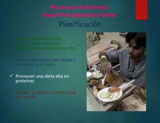 Proceso de Enfermería
Etapa Post-Operatoria Tardía
Planificación
 Proveer medicamentos
prescritos (antibióticos,
antieméticos, analgésicos, etc)
 Estimar peristalsis del cliente y
tolerancia a su dieta
 Promover una dieta alta en
proteínas
 Estimar y ofrecer cuidado local
a la herida
 