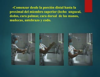 -Comenzar desde la porción distal hasta la
proximal del miembro superior (lecho ungueal,
dedos, cara palmar, cara dorsal de las manos,
muñecas, antebrazo y codo.
 