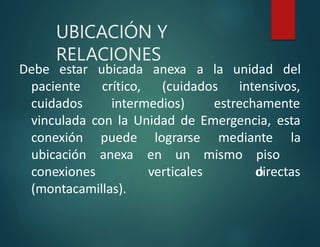 UBICACIÓN Y
RELACIONES
Debe estar a la unidad del
ubicada anexa
crítico, (cuidados intensivos,
paciente
cuidados intermedios) estrechamente
vinculada con la Unidad de Emergencia, esta
puede lograrse mediante la
anexa en un mismo piso
o
conexión
ubicación
conexiones verticales directas
(montacamillas).
 