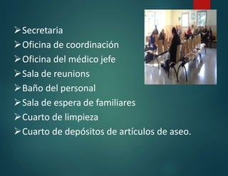 Secretaria
Oficina de coordinación
Oficina del médico jefe
Sala de reunions
Baño del personal
Sala de espera de familiares
Cuarto de limpieza
Cuarto de depósitos de artículos de aseo.
 