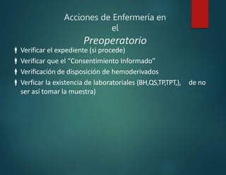 Acciones de Enfermería en
el
Preoperatorio
Verificar el expediente (si procede)
Verificar que el “Consentimiento Informado”
Verificación de disposición de hemoderivados
Verficar la existencia de laboratoriales (BH,QS,TP,TPT,), de no
ser así tomar la muestra)
 
