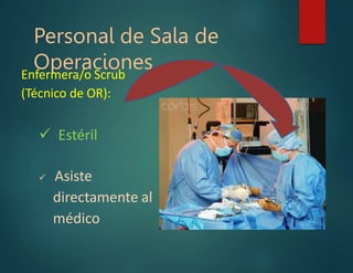 Personal de Sala de
Operaciones
Enfermera/o Scrub
(Técnico de OR):
 Estéril
 Asiste
directamente al
médico
 