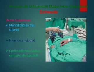 Proceso de Enfermería Etapa Intra-Operatoria
Estimado
Datos Subjetivos:
 Identificación del
cliente
 Nivel de ansiedad
 Conocimiento, dudas o
cambios de opinión
 