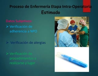 Proceso de Enfermería Etapa Intra-Operatoria
Estimado
Datos Subjetivos:
 Verificación de
adherencia a NPO
 Verificación de alergias
 Verificación de
procedimientos a
realizarse y lugar
 