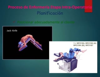 Proceso de Enfermería Etapa Intra-Operatoria
Planificación
 Posicionar adecuadamente al cliente
Jack- Knife
litotomía
 