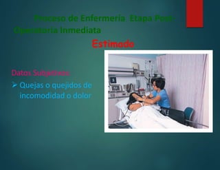 Proceso de Enfermería Etapa Post-
Operatoria Inmediata
Estimado
Datos Subjetivos:
 Quejas o quejidos de
incomodidad o dolor
 