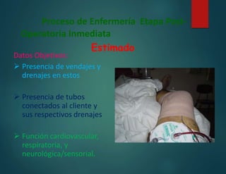 Proceso de Enfermería Etapa Post-
Operatoria Inmediata
Estimado
Datos Objetivos:
 Presencia de vendajes y
drenajes en estos
 Presencia de tubos
conectados al cliente y
sus respectivos drenajes
 Función cardiovascular,
respiratoria, y
neurológica/sensorial.
 