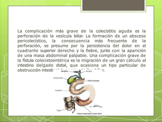 La complicación más grave de la colecistitis aguda es la
perforación de la vesícula biliar. La formación de un absceso
pericolecístico, la consecuencia más frecuente de la
perforación, se presume por la persistencia del dolor en el
cuadrante superior derecho y la fiebre, junto con la aparición
de una masa abdominal palpable. Una complicación grave de
la fístula colecistoentérica es la migración de un gran cálculo al
intestino delgado distal, que ocasiona un tipo particular de
obstrucción intestinal denominado íleo biliar.
 