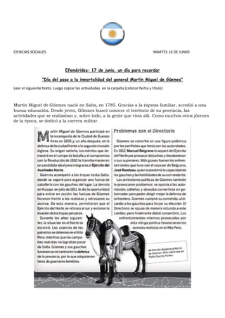 CIENCIAS SOCIALES MARTES 16 DE JUNIO
Efemérides: 17 de junio, un día para recordar
“Día del paso a la inmortalidad del gen...