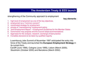 The 1993 White Paper and Essen Strategy

Delors' White Book on Growth,Competitiveness and Employment

The ideological, political and analytical base upon which a coordinated
European approach to employment was developed.

Before the Treaty of Amsterdam, the responsibility for employment policy
was under the exclusive responsibility of the Member States, while the role
of the Commission was to promote co-operation, research and information
dissemination.

The Commission also assisted the Member States in their fight against
unemployment and social exclusion with Community funding, mainly through
the European Social Fund.
 